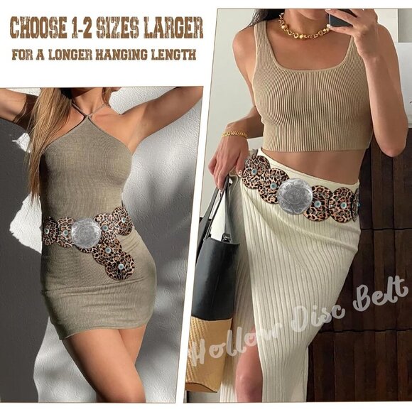 Woman\'s Western PU Leather Belts Concho Disc Wide Waist Belt Leopard Silver
